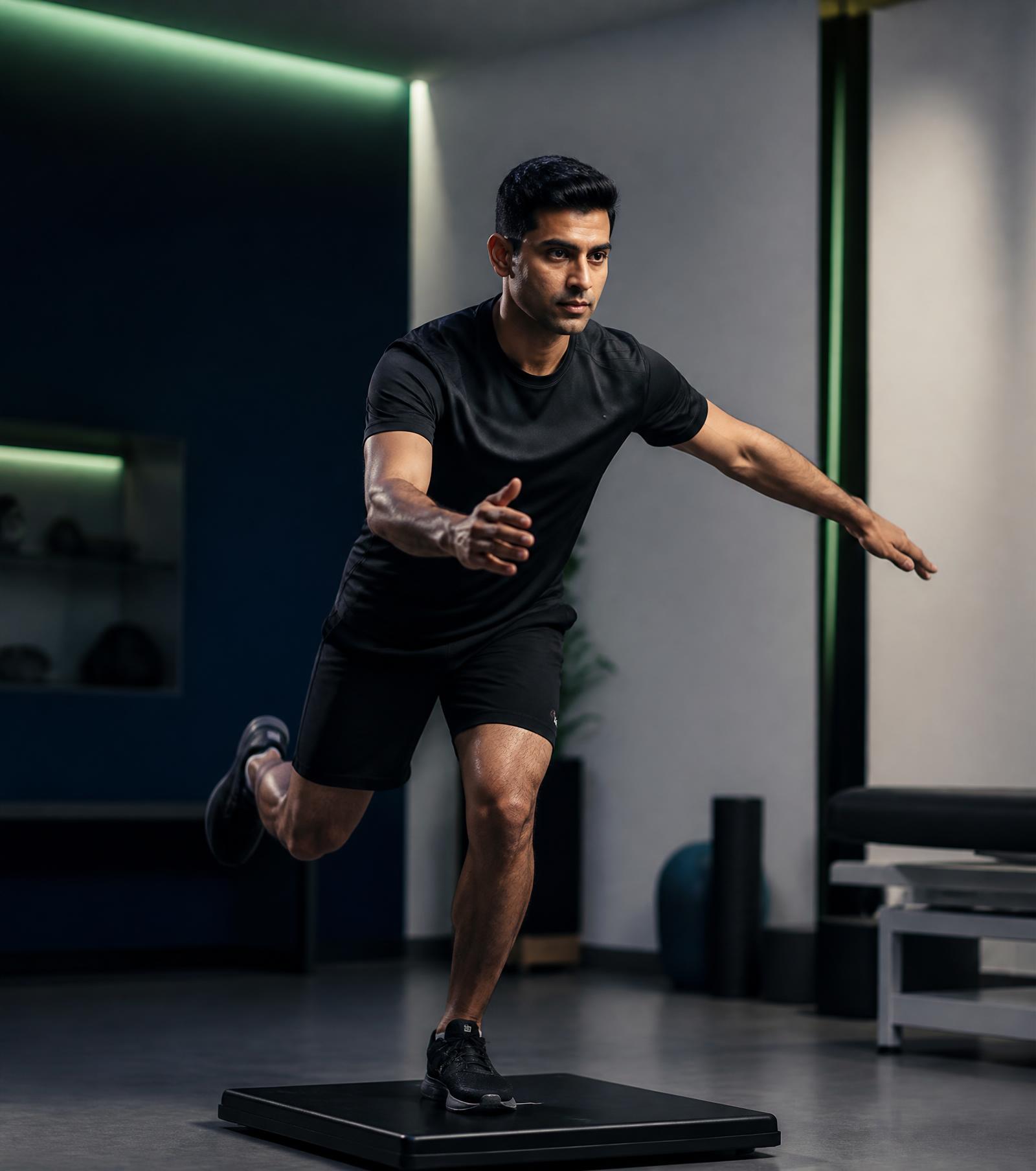 Athlete performing single-leg balance rehabilitation